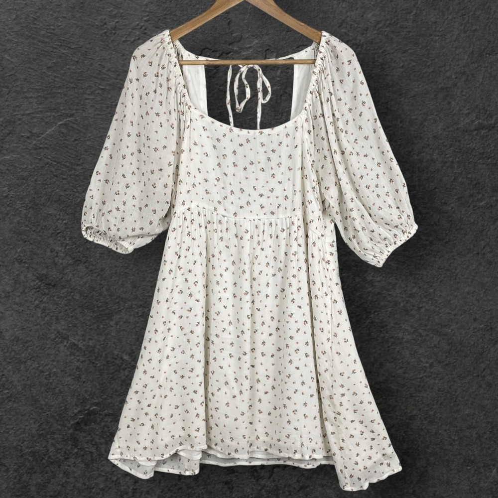 En Creme Ditsy Floral Milkmaid Puff Sleeve Dress Sz L Smocked Girly Cottagecore